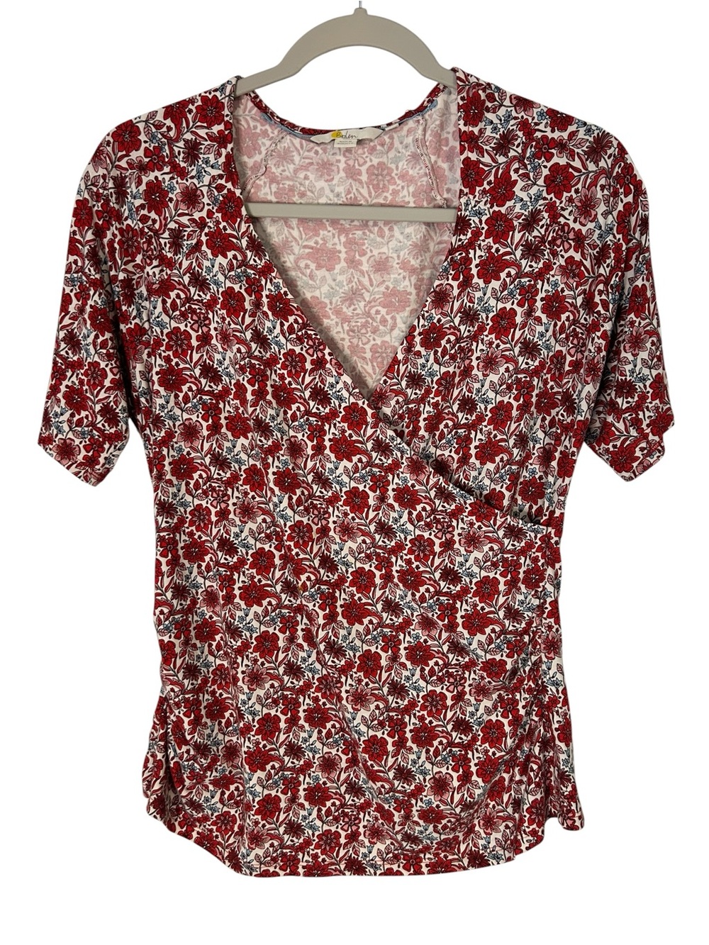 Boden Knit Faux Wrap Top US 12 Drapey White Red Pink Floral Suplice Blouse